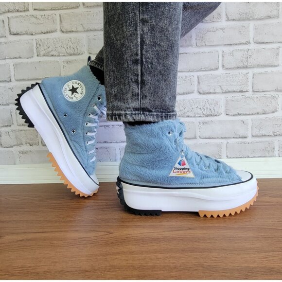 ❤️Converse Run Star Hike Hi Platform Faux Fur 8 Women Shoes Sneaker Blue A13381C - Picture 1 of 13